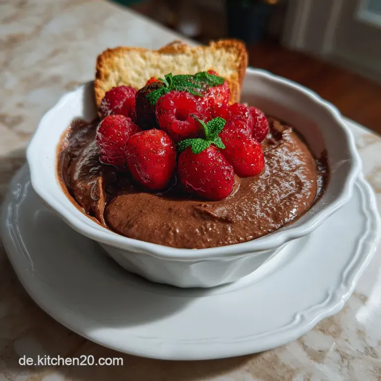 Individual servings of smooth, dark chocolate mousse garnished with fresh raspberries and a mint sprig, elegantly plated.