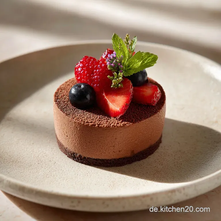 Silky dark chocolate mousse elegantly swirled in a clear glass, topped with a single fresh raspberry.