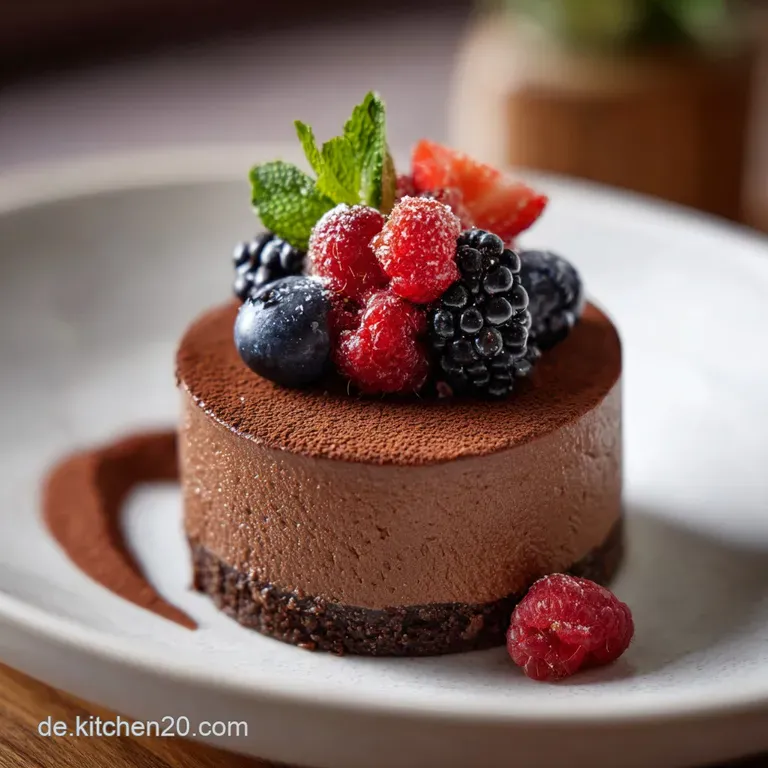 Sleek chocolate torte slice resting on white plate. Glossy ganache and cocoa dusting create visual texture. A tempting des...