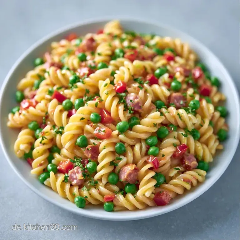 Elegante Anrichteweise von cremigem Nudelsalat mit gr&uuml;nen Erbsen auf einer flachen Platte, garniert mit frischem Gr&uuml;n.