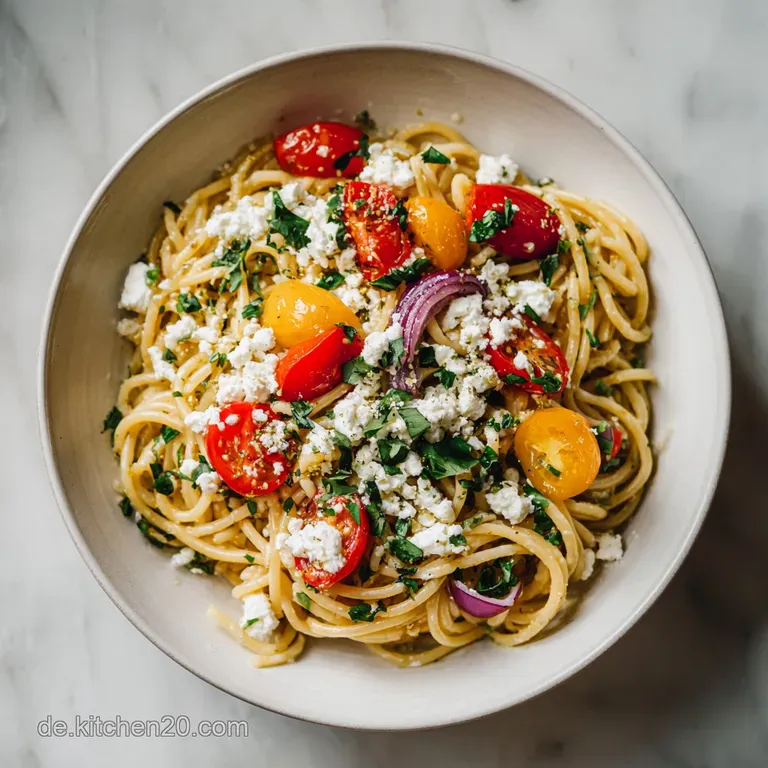 A rustic forkful of creamy baked feta pasta, revealing tender noodles and bright red tomatoes.