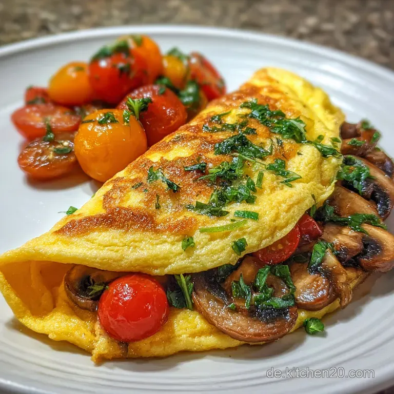 Perfectly folded omelet on a plate, steam rising. Glistening buttery sheen with visible herbs. Served with vibrant green s...