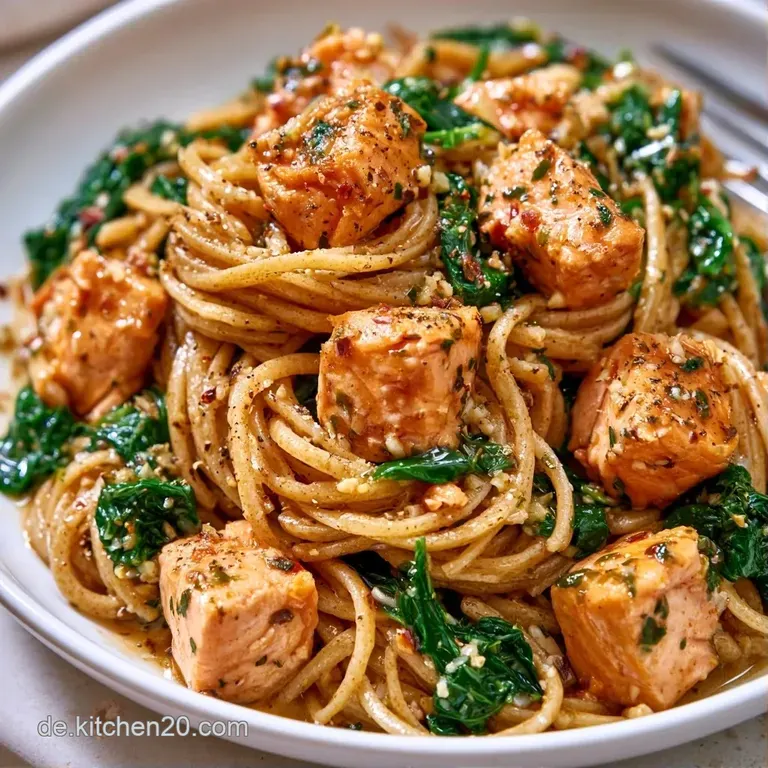 Cremige Pasta mit rosa Lachs auf einem wei&szlig;en Teller, garniert mit einer gelben Zitronenscheibe und gr&uuml;ner Petersilie.