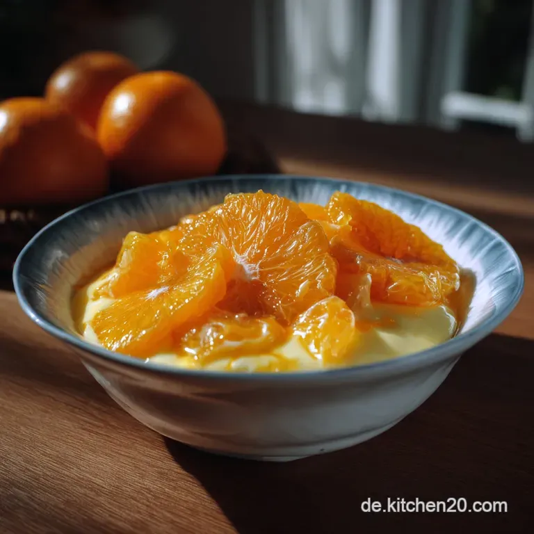 Elegant dessert: Creamy orange mousse in a parfait glass, adorned with a delicate mint sprig and a glistening orange segment.