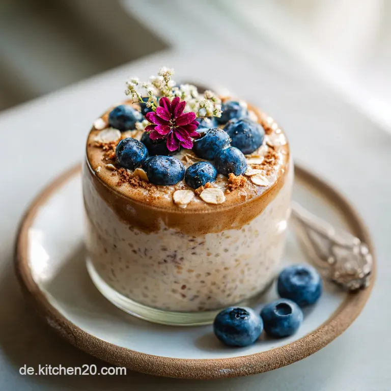 Chilled overnight oats layered in a clear glass, beautifully arranged with colorful fruit, crunchy nuts, and a dusting of ...