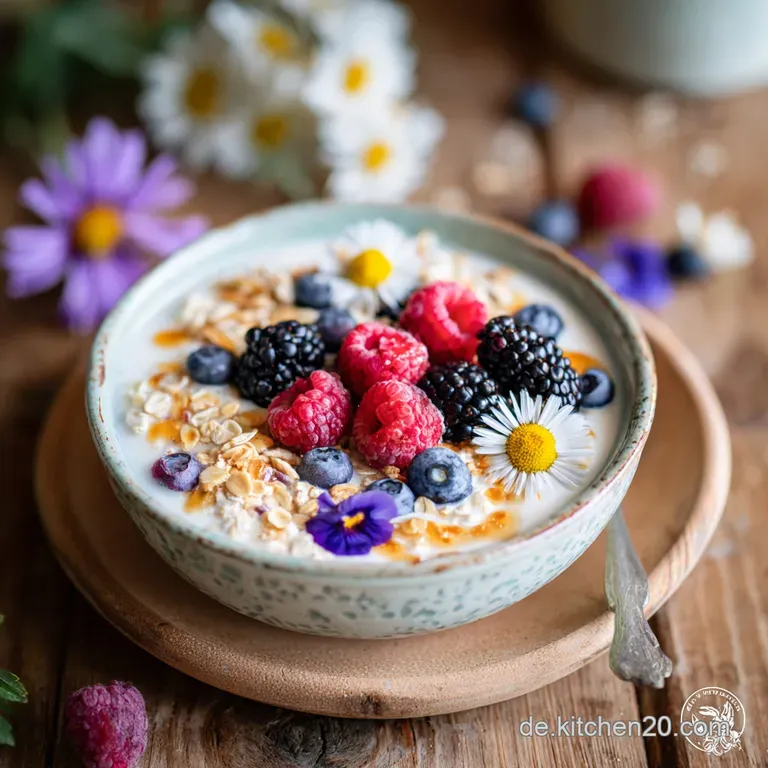 Elegant parfait glass filled with layered overnight oats. Fresh berries & mint garnish add a pop of color on a white linen...