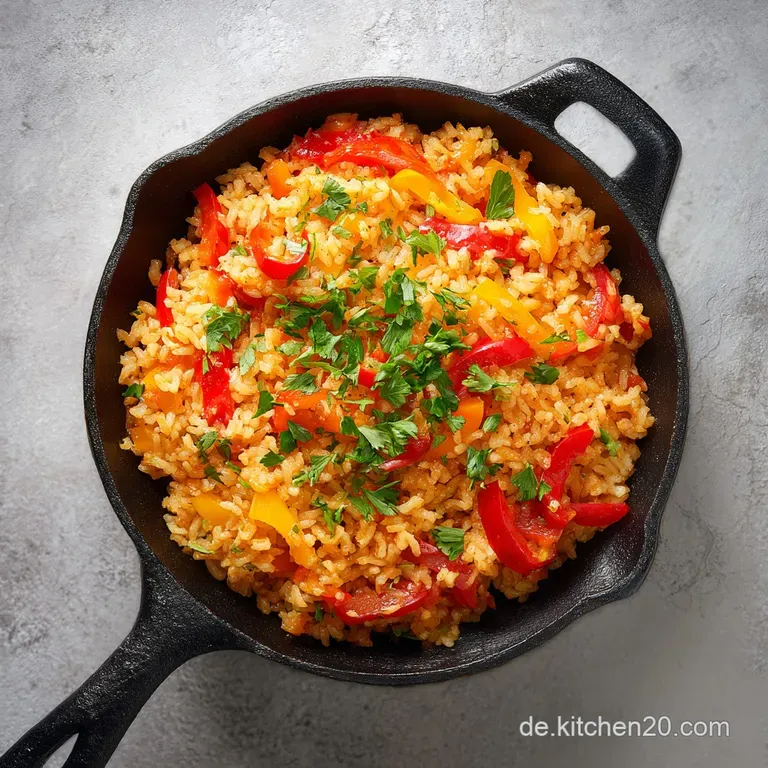 A perfectly portioned mound of colorful rice topped with fresh parsley and a side of lemon.