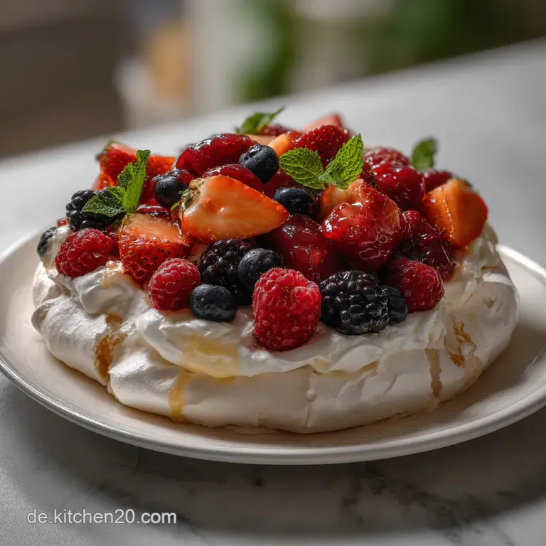 Elegant slice of Pavlova on a white plate, showcasing layers of crisp meringue, whipped cream, and fresh, juicy berries.