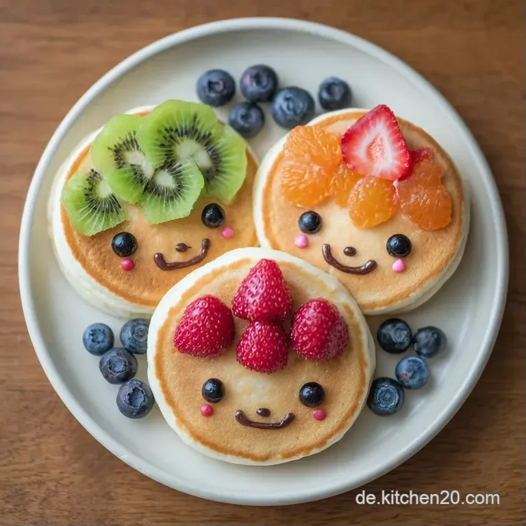Mehrere goldgelbe Pfannkuchen auf einer wei&szlig;en Platte, dekoriert mit Beeren und Bananenscheiben als lustige Motive.