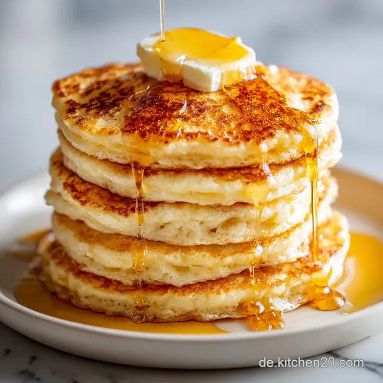 Stack of fluffy, golden pancakes topped with fresh berries and a dusting of powdered sugar, light and airy, ready to enjoy.