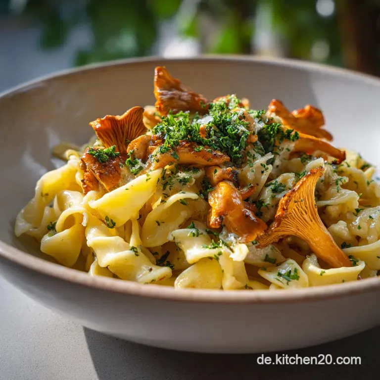 Elegant swirl of creamy pasta with earthy chanterelles, garnished with vibrant green parsley sprigs on a white plate.