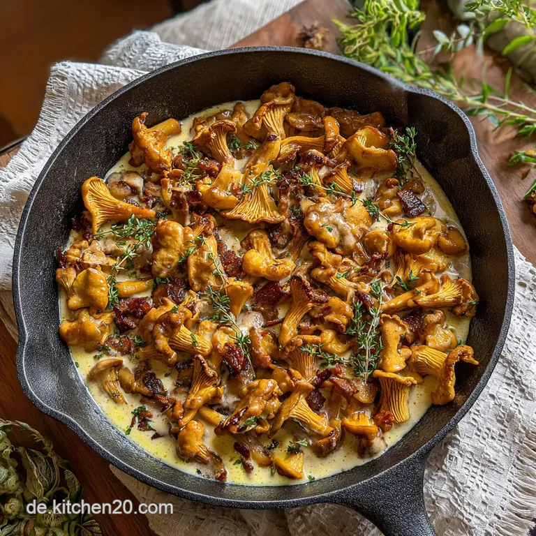 A delicate arrangement of golden chanterelles with crispy bacon, garnished with fresh parsley, plated on a clean white dis...