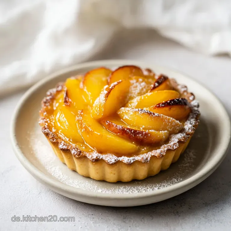 Slice of layered dessert on a white plate. Features smooth cream, glossy yellow fruit, and a textured biscuit crust.