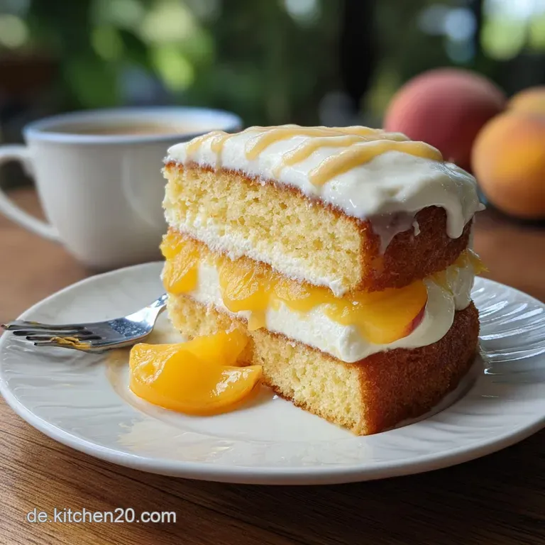 Elegant slice of peach and vanilla cake on a white plate, revealing layers of creamy pudding and juicy peach slices. Refre...