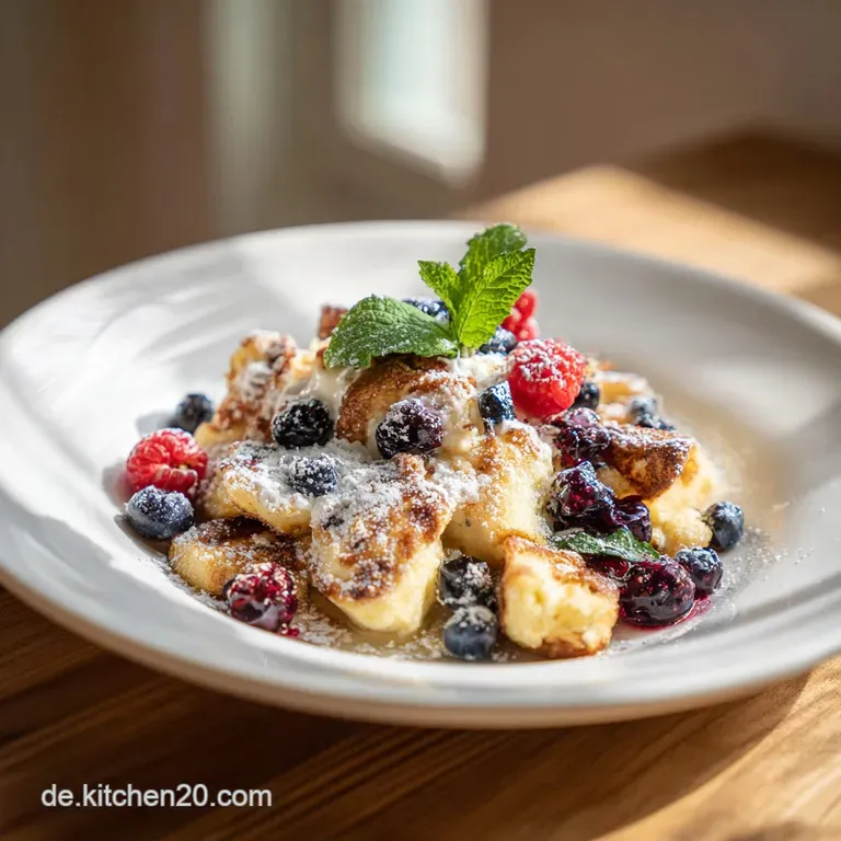 A vibrant plate of fluffy, torn pancake pieces, topped with fresh berries and a delicate dusting of sugar.