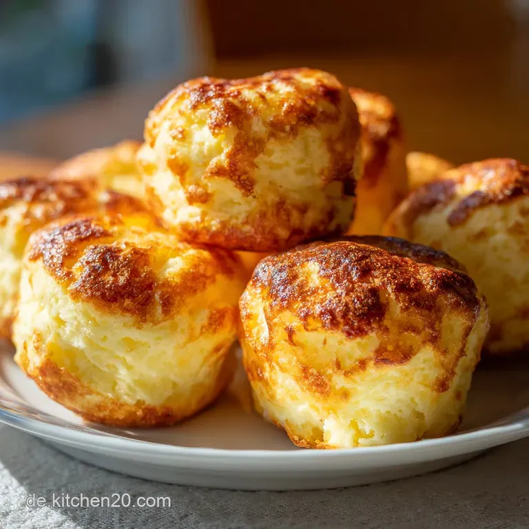A delicate pile of golden brown Quarkb&auml;llchen sits on a white plate, sprinkled with snowy powdered sugar. Simple elegance.