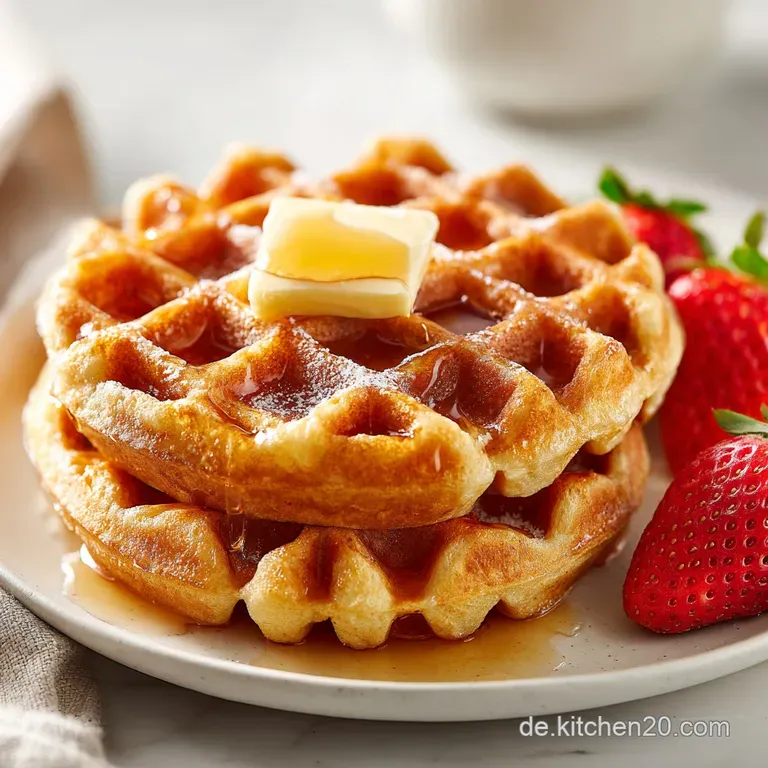 Delicate waffles topped with fresh berries and a dollop of cream, elegantly arranged on a patterned plate.