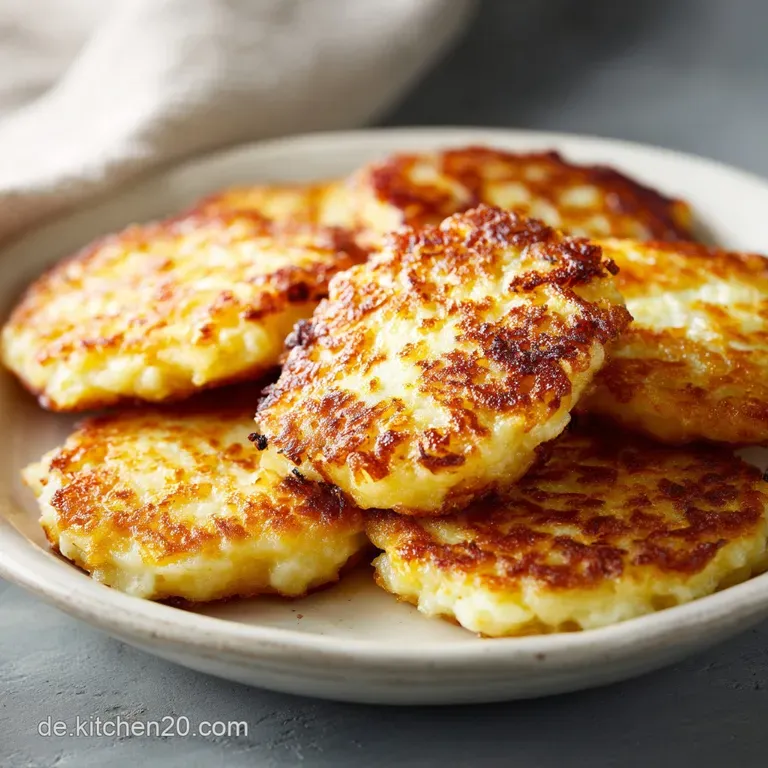 A stack of golden-brown potato pancakes topped with applesauce and a dollop of sour cream, plated on a white dish.