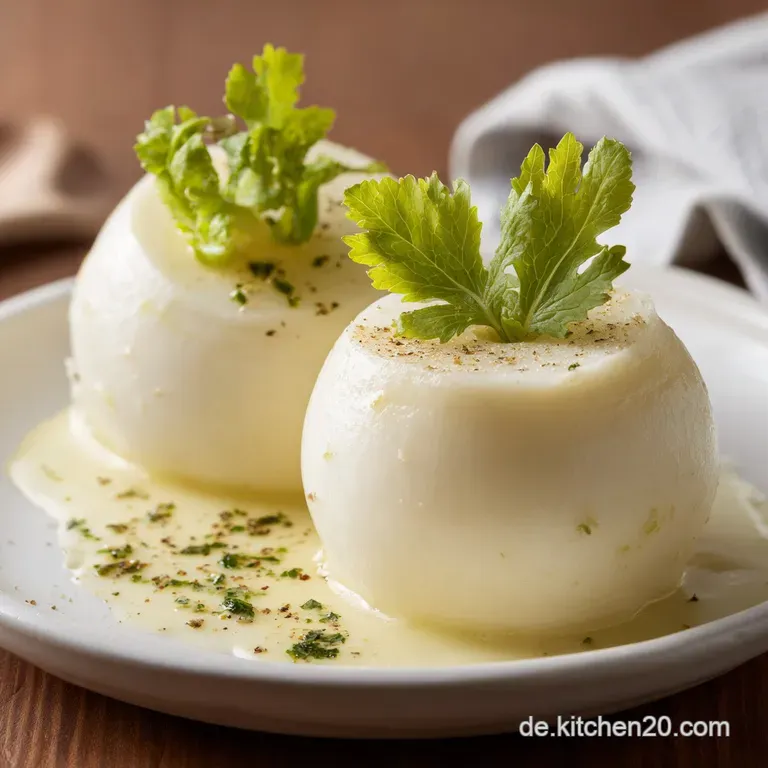Elegant plate of creamy kohlrabi, garnished with bright green herbs. Sauce pools slightly, adding a glossy sheen.