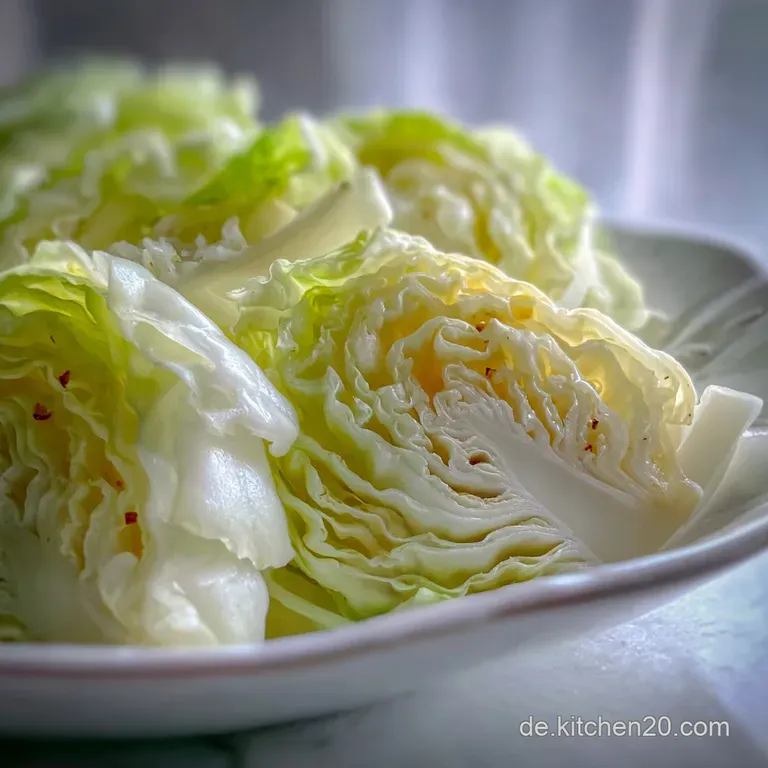 Close-up of a bright white cabbage salad, piled high and adorned with herbs, on a rustic plate, suggesting a fresh, homema...