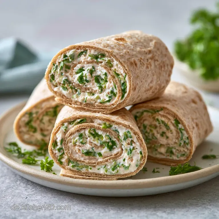 Eine helle Platte mit farbenfrohen Tortilla-R&ouml;llchen, umgeben von einem cremigen Dip und frischen gr&uuml;nen Kr&auml;utern.