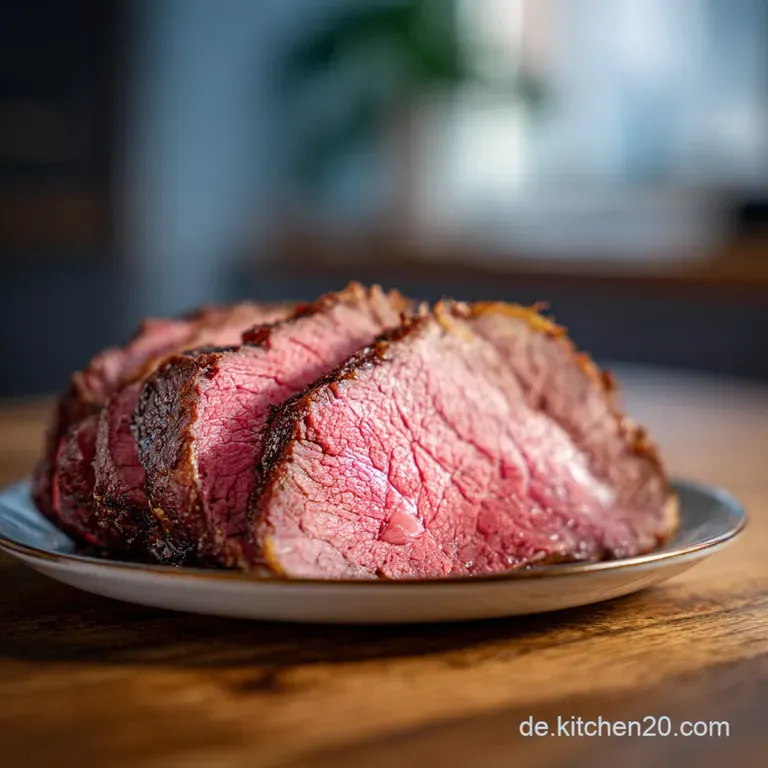 Succulent sliced beef roast with colorful carrots and potatoes, drenched in a deep brown, flavorful sauce on a plate.