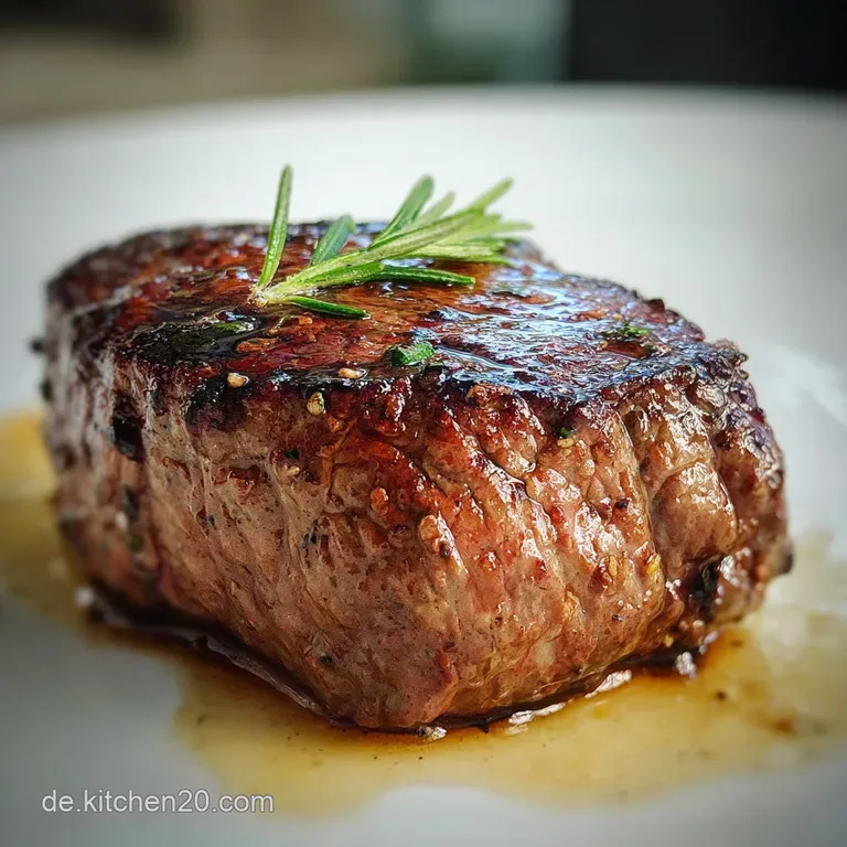 A juicy steak slice reveals a pink center, nestled beside creamy mashed potatoes and vibrant green asparagus. Drizzled wit...