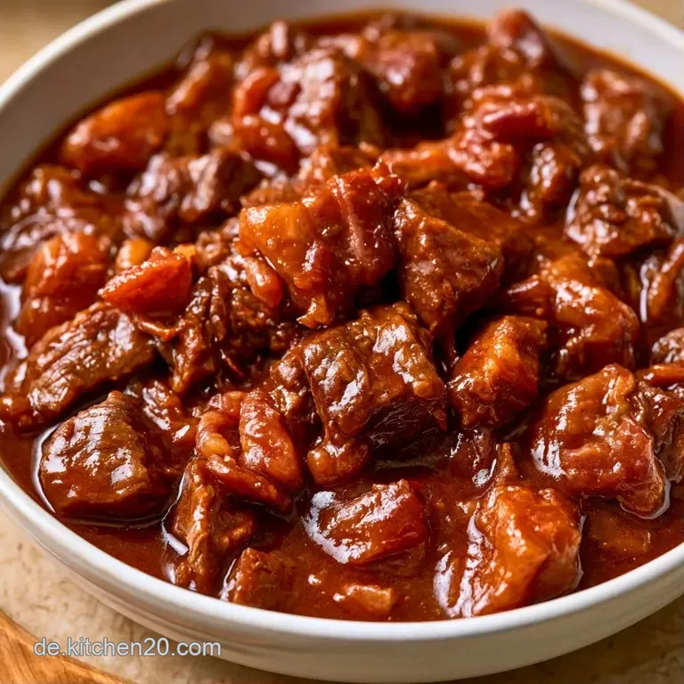 Saftige Fleischst&uuml;cke in s&auml;miger, brauner Sauce auf wei&szlig;em Porzellan, garniert mit frischem, gr&uuml;nem Kr&auml;uterzweig.