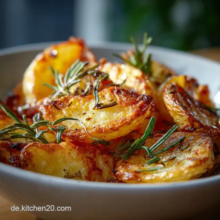 Perfectly browned rosemary potatoes, artfully arranged on a white plate, glistening with oil. Sprigs of fresh rosemary pro...