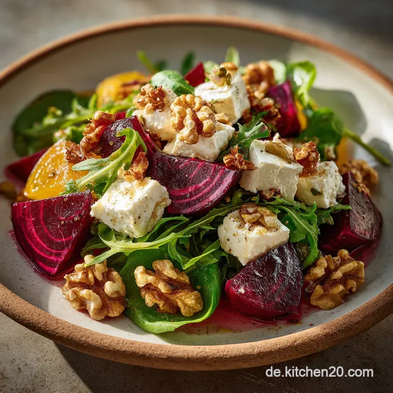 Elegant beet salad plating featuring concentric circles of ruby red beets, creamy cheese, and bright green herbs. Lightly ...