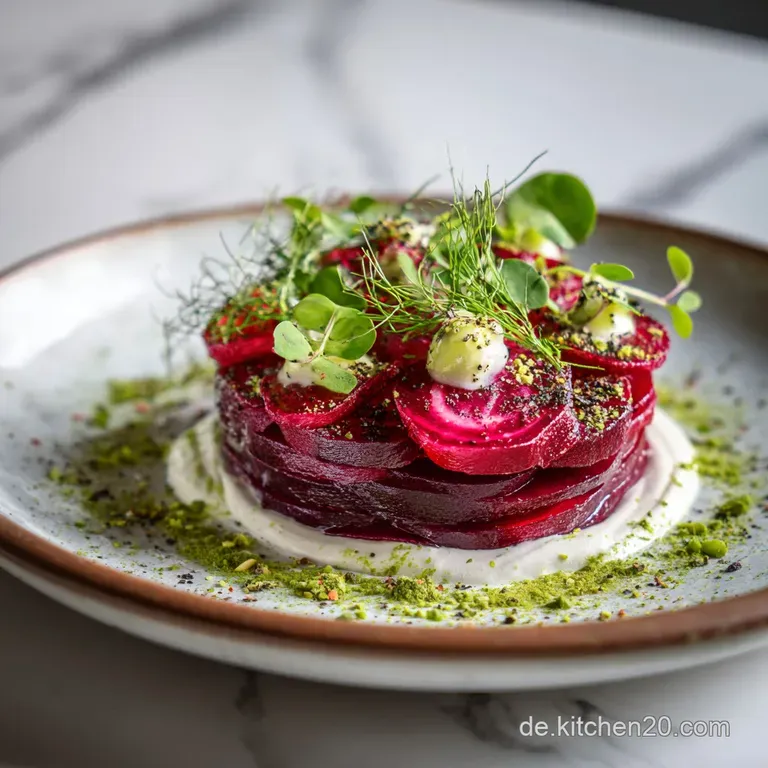 Delicate ruby beet carpaccio artfully arranged with swirls of emerald avocado cream, topped with microgreens.