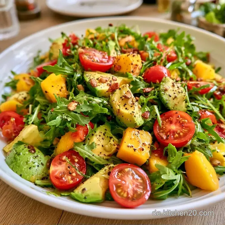 Elegant platziert auf wei&szlig;em Porzellan: tiefgr&uuml;ner Blattsalat mit gl&auml;nzenden Obstst&uuml;cken in warmen Farbt&ouml;nen.