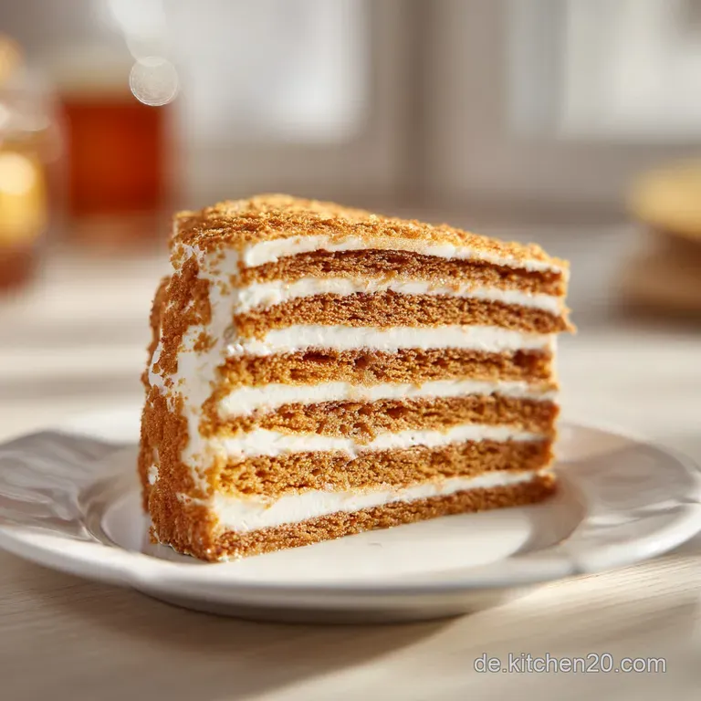 Slice of layered honey cake with a dusting of powdered sugar on a white plate. The rich, dark layers are very visible.