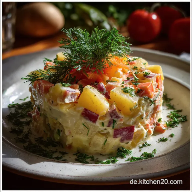 Elegant serving of Russischer Salat, artfully arranged on a white plate with a garnish of parsley and a sprinkle of paprik...