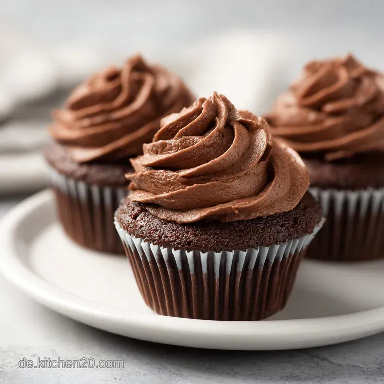 A single chocolate cupcake with a tall swirl of cream cheese frosting, garnished with cocoa, on a delicate white plate.