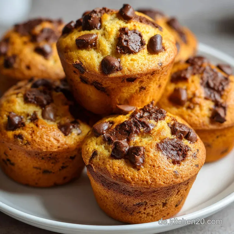 A chocolate chip muffin on a white plate with powdered sugar. Soft crumb, rich brown color, and visible pools of melted ch...