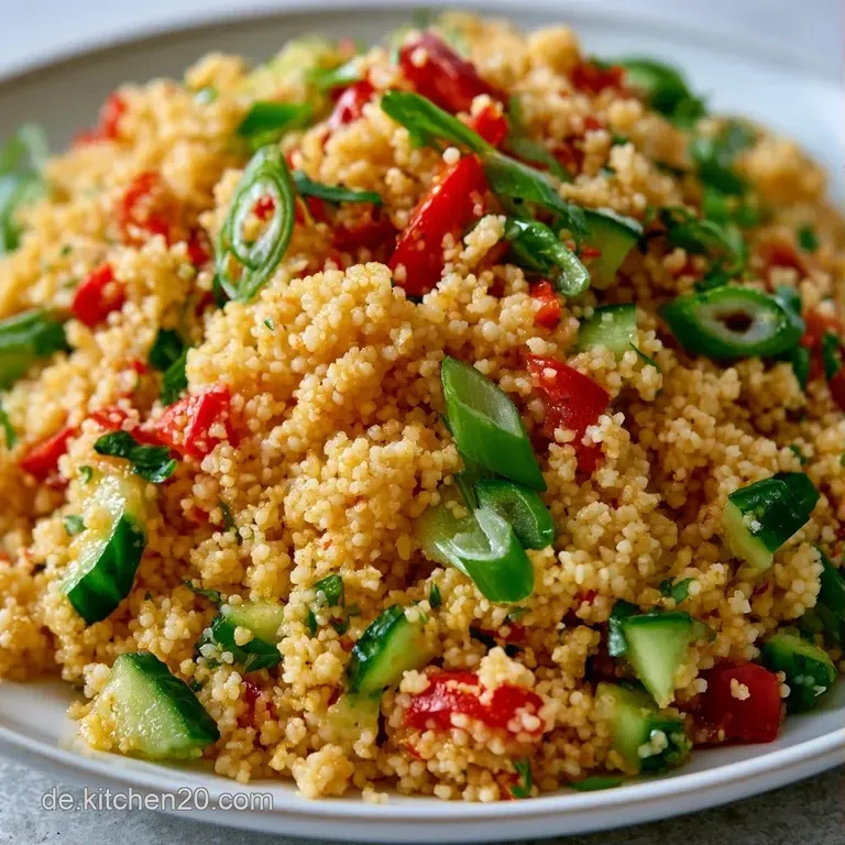 Lockerer Couscous auf einer wei&szlig;en Servierplatte, bestreut mit wei&szlig;en Feta-W&uuml;rfeln und frischen, gr&uuml;nen Kr&auml;utern.