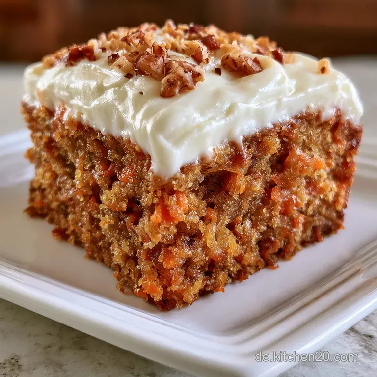 Ein lockeres St&uuml;ck orangefarbener Kuchen auf einem wei&szlig;en Teller, erg&auml;nzt durch cremiges Frosting und frische Beeren.
