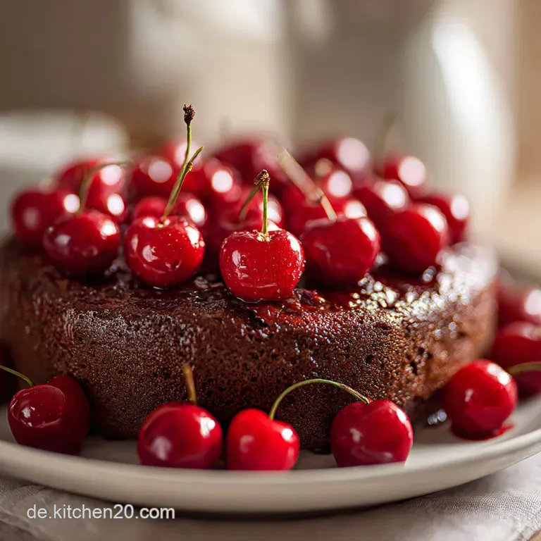 Ein saftiges St&uuml;ck dunklem Schokokuchen auf einem wei&szlig;en Teller, flankiert von frischen Beeren und einem Fruchtspiegel.