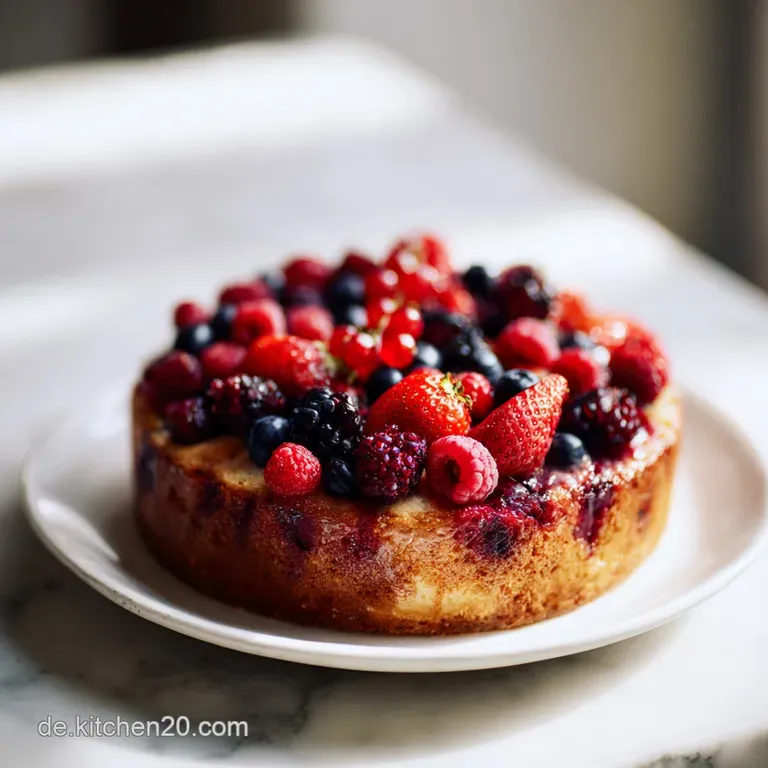 A slice of warm vegan berry cake with a dollop of creamy white topping, dusted with powdered sugar.