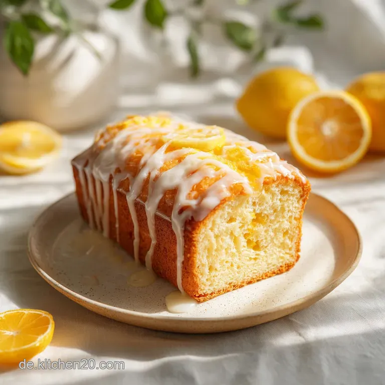 Slice of bright yellow lemon yogurt cake on a white plate, garnished with a sprig of mint and a light dusting of powdered ...