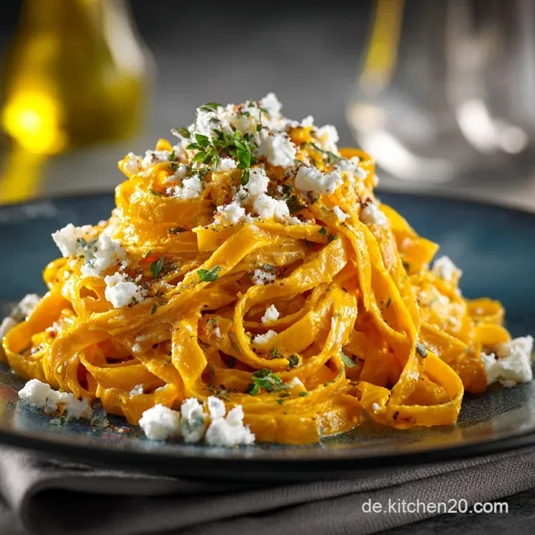 Herbstgold Samtige K&uuml;rbissauce mit Salbei Pasta und knusprigem Feta