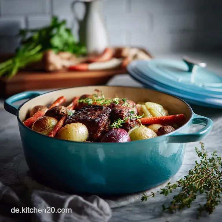 Close-up on Schichtfleisch, steaming and plated, showing juicy meat falling apart, mingling with soft, colorful vegetables.