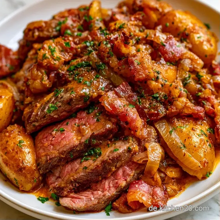 Dampfendes Schichtfleisch auf einer rustikalen Platte, garniert mit frischen Kr&auml;utern und goldbraun gegarten Zwiebeln.