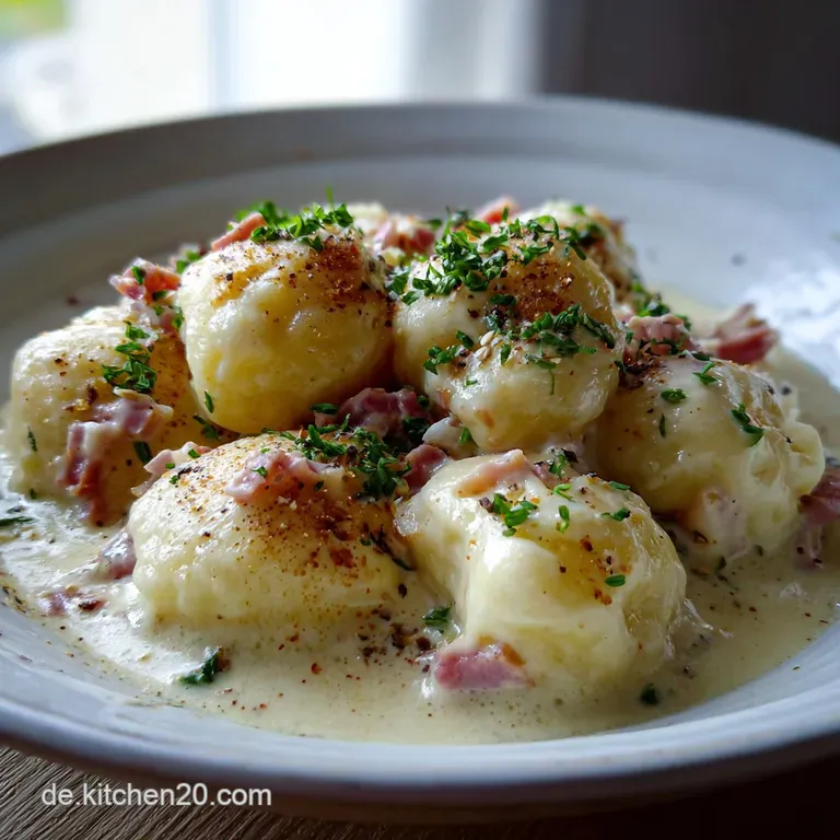 Schnelle Kartoffelkn&ouml;del in Schinken Sahne So&szlig;e