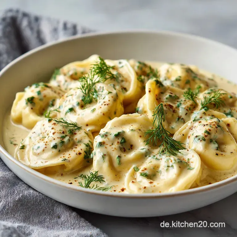 Elegant plate of tortellini in a smooth, light cream sauce, garnished with fresh herbs and a drizzle of olive oil.