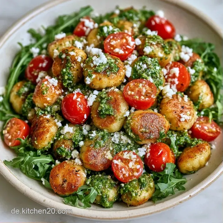 Luftig angerichtet auf einer Platte: goldgelbe Gnocchi, w&uuml;rzige Feta-Kr&uuml;mel und leuchtend gr&uuml;ne Kr&auml;uterbl&auml;tter.