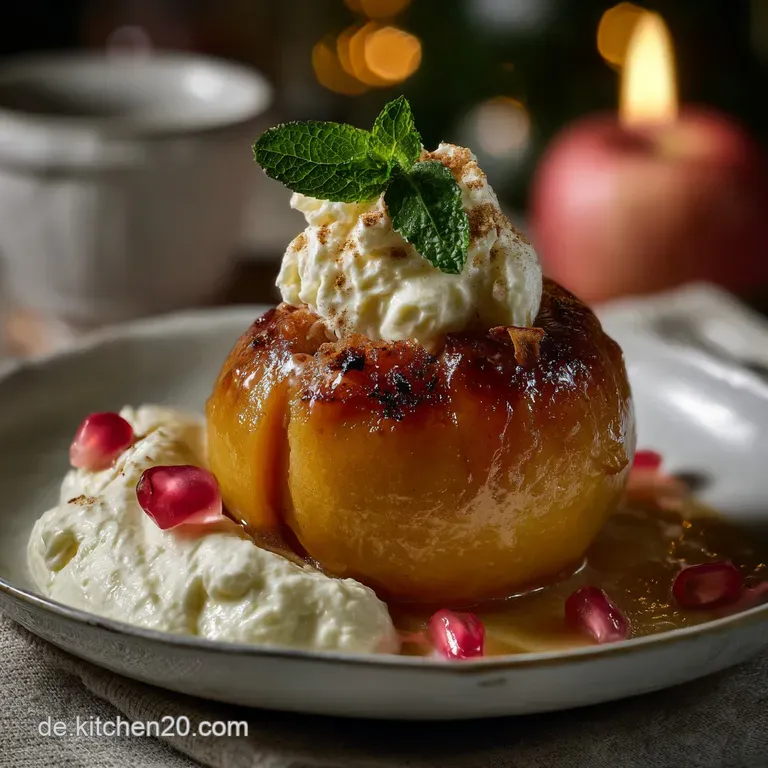 Elegant plating of baked apple halves drizzled with caramel sauce, a scoop of vanilla ice cream, and a scattering of toast...