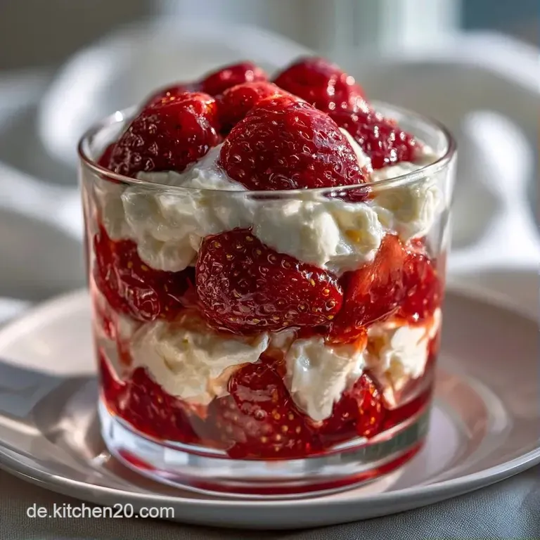 Drei elegante Gl&auml;ser mit geschichteten roten Beeren und wei&szlig;er Creme auf einem hellen Holztisch im hellen Sonnenlicht.