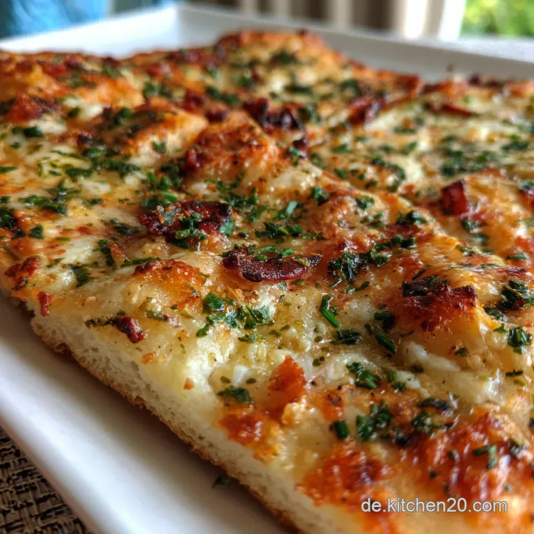 A single, elegantly sliced flatbread pizza, showing a creamy, slightly bubbling base. Served on a dark wood board, herbs s...